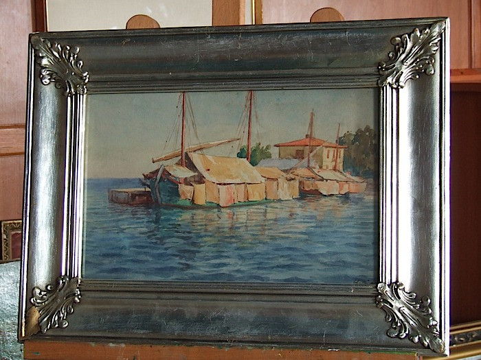 Papír akvarell, a bárka. Festő Holló Alajos. Méret 26,5×41cm