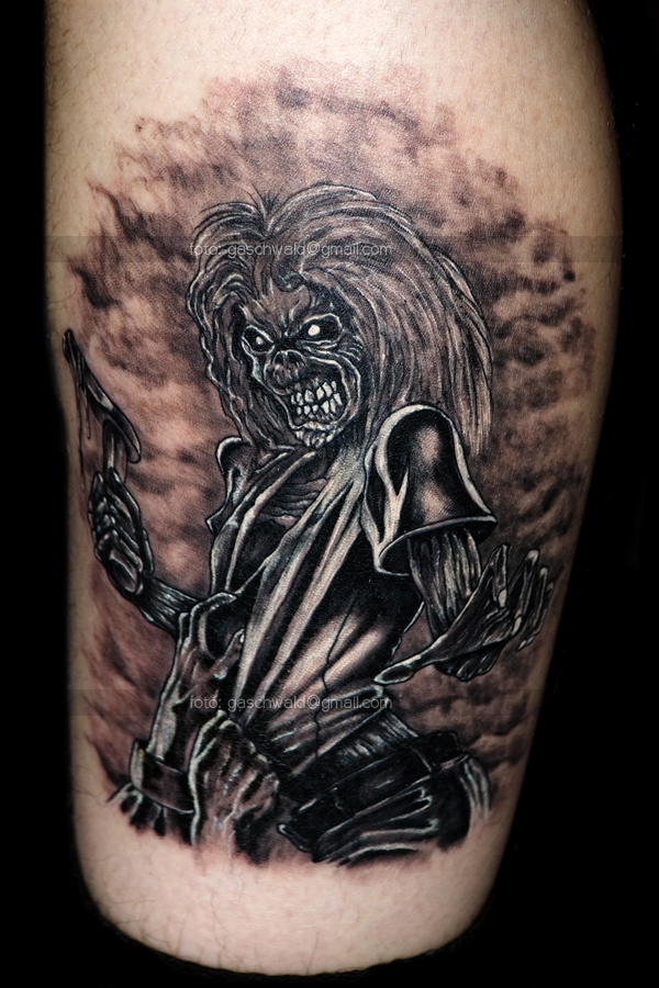 Black and Grey Ironmaiden Eddie With Crown On His Head Tattoo Idea   BlackInk