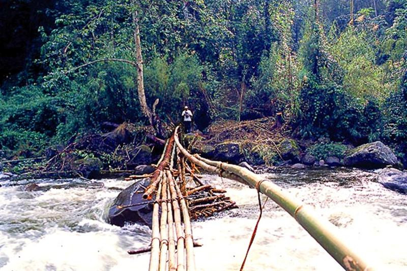 Myanmar river crossing the Bamboo Bridge over the Himalaya Mount